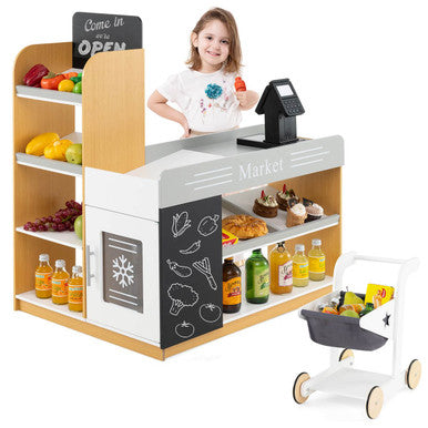 Kids' Pretend Play Grocery Store Set with Shopping Cart & 2 Chalkboards