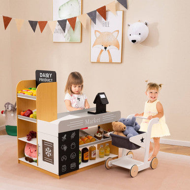 Kids' Pretend Play Grocery Store Set with Shopping Cart & 2 Chalkboards