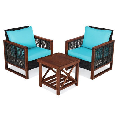 3-Piece Wood and Wicker Patio Furniture Set - Turquoise