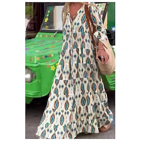 Dames Lange jurk maxi-jurk Casual jurk Swingjurk Jurk met print Tie Dye Veer Modieus Modern Buiten Dagelijks Feestdagen Ruche Lapwerk Lange mouw V-hals Jurk No