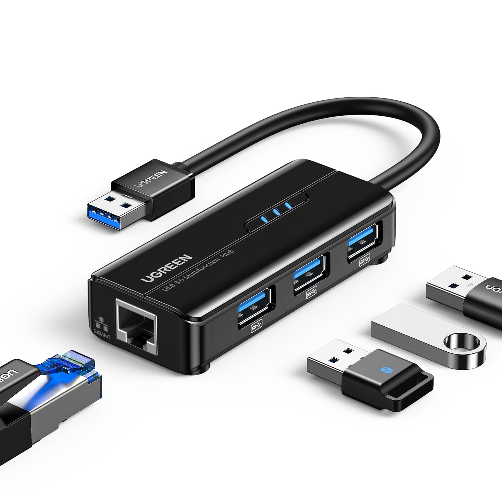 UGREEN USB 3.0 Hub Ethernet Adapter 10 100 1000 Gigabit Network Converter with 3 USB 3.0 Ports Hub Compatible with Laptop PC Nintendo Switch MacBook Mac Mini Surface XPS Windows Linux macOS, and More