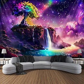 Blacklight Tapestry UV Reactive Glow in the Dark Fantasy Waterfall Trippy Mountain Misty Mushroom Nature Landscape Hanging Tapestry Wall Art Mural for Living R