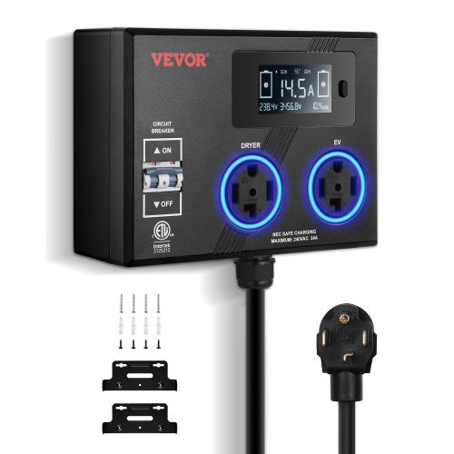 VEVOR NEMA Splitter for Dryer and EV, 3-Color LED Indicator, 240V Smart Power Distribution, With NEMA 14-30 Plug, Two NEMA 14-30 Outlets, 3.4 in LCD S