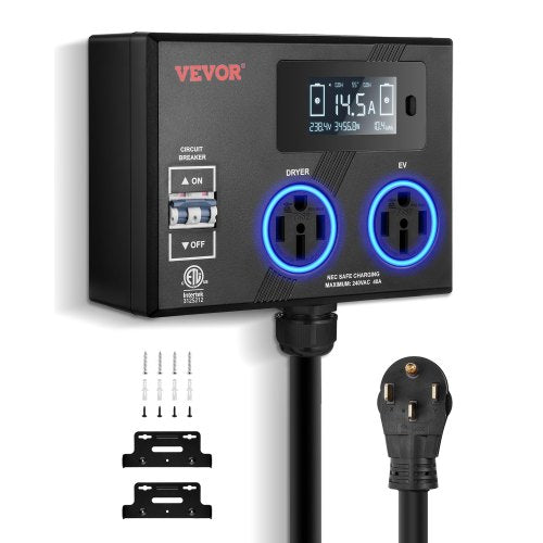 VEVOR NEMA Splitter for Dryer and EV, 3-Color LED Indicator, 240V Smart Power Distribution, With NEMA 14-50 Plug, Two NEMA 14-50 Outlets, 3.4 in LCD S