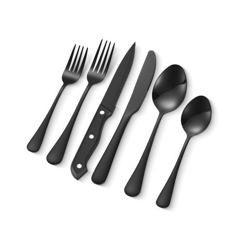 VEVOR 48-Piece Black Silverware Set with Steak Knives, Food-Grade Stainless Steel Flatware Utensils for 8, Mirror Finished Cutlery Set, Dishwasher Saf