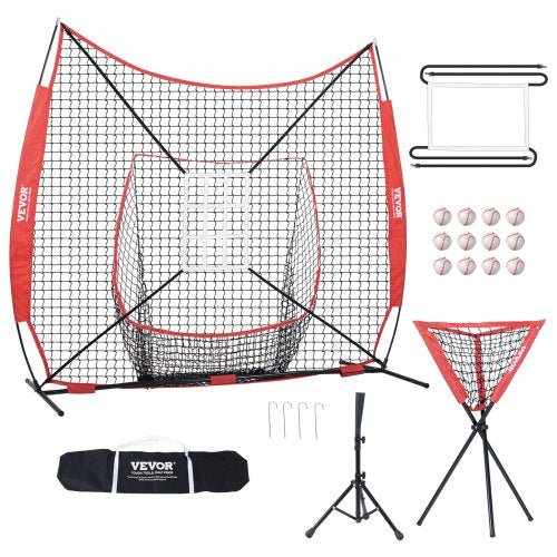 VEVOR 7x7 ft Baseball Softball Practice Net, Portable Baseball Training Net for Hitting Catching Pitching, Backstop Equipment with Bow Frame, Carry Ba