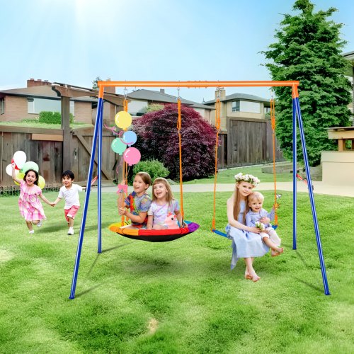 VEVOR Swing Sets for Backyard, 440lbs Load Capacity Swing Set, with 1 Saucer Swing Seat, 1 Belt Swing Seat, Heavy Duty A-Frame Metal Swing Stand and A