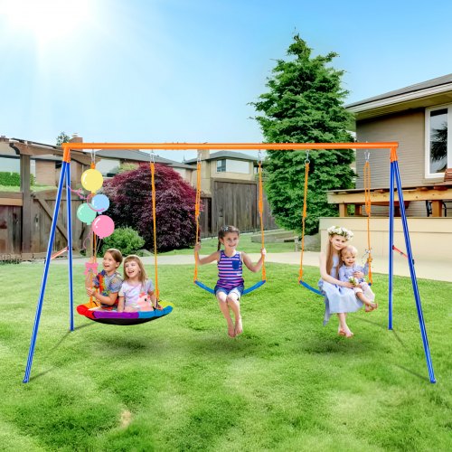 VEVOR Swing Sets for Backyard, 600lbs Load Capacity Swing Set, with 1 Saucer Swing Seat, 2 Belt Swing Seats, Heavy Duty A-Frame Metal Swing Stand and