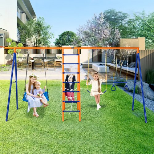 VEVOR Swing Sets for Backyard, 6 in 1 Swing Set with 2 Swings, Trapeze Bar, Climbing Ladder, Climbing Net, and Basketball Hoop, 440lbs Load Capacity H