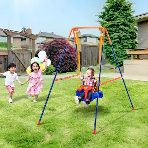VEVOR Swing Sets for Backyard, 3-in-1 Toddler Swing Set with 4 Sandbags, Foldable Metal Stand, Easy to Assemble, Swingset Indoor-Outdoor for Kids 3-6