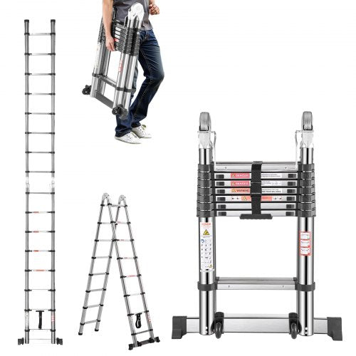 VEVOR Telescoping Ladder A Frame, 4985mm Stainless Steel Extension Ladder, Multi-Button Retraction Portable Collapsible RV Ladders, 150 kg Load Telesc
