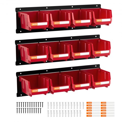 VEVOR Wall Mounted Storage Bins, 12 Plastic Bins & 3 Metal Rails, Plastic Hanging Stackable Storage Bin for Screws, Nuts, Bolts, Nails, Hardware Tool