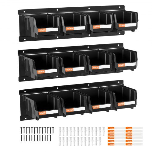 VEVOR Wall Mounted Storage Bins, 12 Plastic Bins & 3 Metal Rails, Plastic Hanging Stackable Storage Bin for Screws, Nuts, Bolts, Nails, Hardware Tool