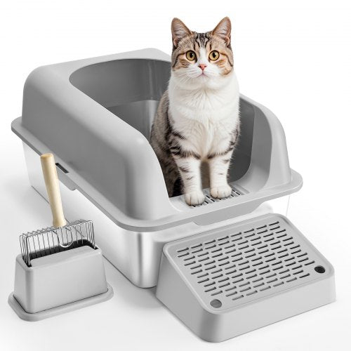 VEVOR Cat Litter Box, 152 mm Deep, XL Extra Large Stainless Steel Cat Litter Box with Scoop, Wide Filtering Foot Board & High Sides, Enclosed Odor-Fre