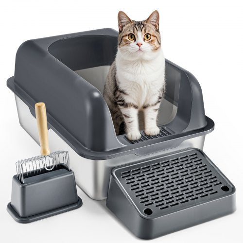VEVOR Cat Litter Box, 6 inches Deep, XL Extra Large Stainless Steel Cat Litter Box with Scoop, Wide Filtering Foot Board & High Sides, Enclosed Odor-F