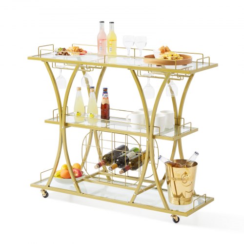 VEVOR Bar Cart Gold, 3 Tiers Home Bar Serving Cart on Lockable Wheels, Rolling Alcohol Cart with Tempered Glass Shelves Guardrail Wine Rack, Modern Wi