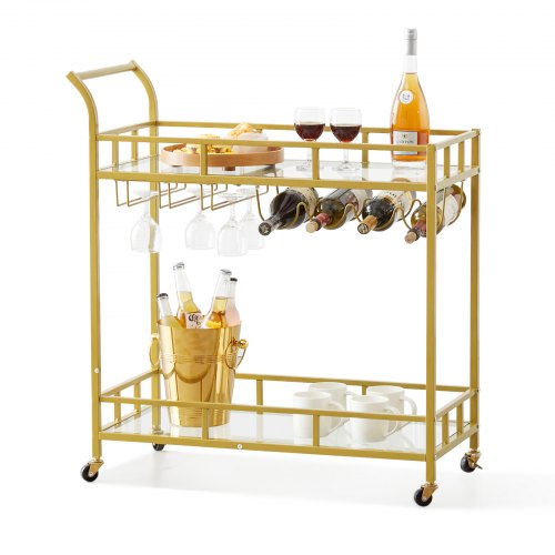 VEVOR Bar Cart Gold, 2 Tiers Home Bar Serving Cart on Lockable Wheels, Rolling Alcohol Cart with Tempered Glass Shelves Guardrail Wine Rack, Modern Wi