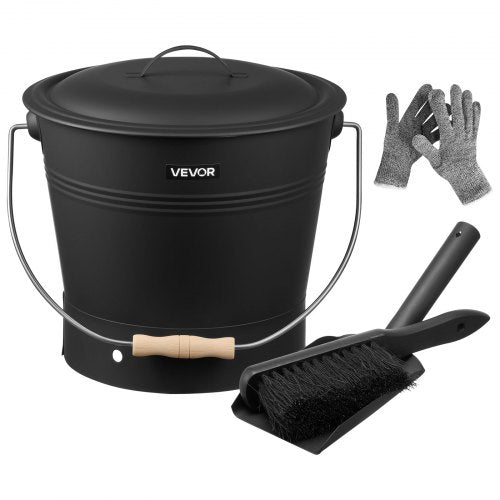 VEVOR Ash Bucket, 4 PCS with Lid, Shovel, Broom and Gloves, Metal Fireplace Charcoal Bucket and Ash Can, 2.6 GAL Large Capacity for Fireplace, Fire Pi
