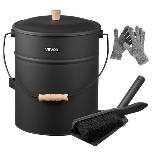 VEVOR Ash Bucket, 4 PCS with Lid, Shovel, Broom and Gloves, Metal Fireplace Charcoal Bucket and Ash Can, 4 GAL Large Capacity for Fireplace, Fire Pits