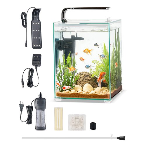 VEVOR Fish Tank Aquarium, 5 Gallon Square Ultra-Clear Glass Starter Smart Tank Adjustable 3 Color Lighting, Self Cleaning System Fishbowl for Freshwat