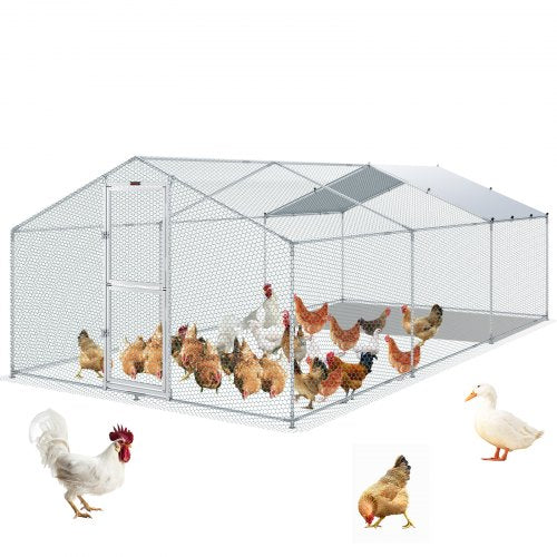 VEVOR Metal Chicken Coop, 19.7 x 9.8 x 6.6 ft Large Chicken Run, Peaked Roof Outdoor Walk-in Poultry Pen Cage for Farm or Backyard, with Water-proof C