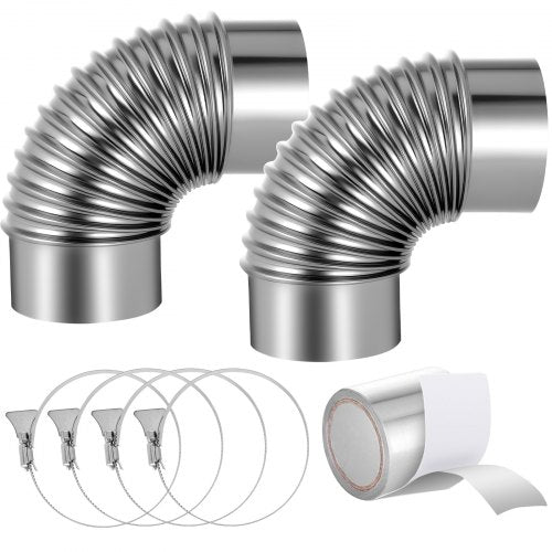 VEVOR 2 Pack Dryer Vent Elbow, 90 Degree Hose Connector Kit for 4 Inch Duct, Stainless Steel Vent Elbows with 4 Clamps and Aluminum Foil Tape, for HVA