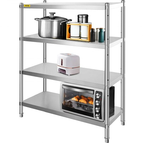 VEVOR Stainless Steel Shelving, 118.9 x 47 cm 4 Tier Adjustable Shelf Storage Unit, Stainless Steel Heavy Duty Shelving for Kitchen Commercial Office