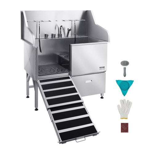 VEVOR Stainless Steel Dog Washing Station, 50 inch Pet Grooming Tub w- Ramp, Faucet & Showerhead & Soap Holder Leash Dog Bathtub for Large & Medium &