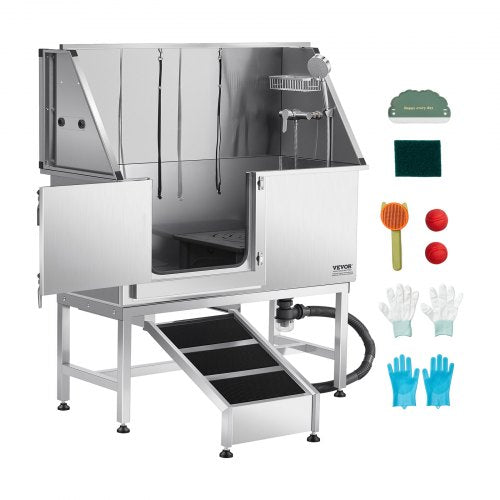 VEVOR Stainless Steel Dog Washing Station, 50 inch Pet Grooming Tub w- Ramp, PE Water Filter Board, Faucet & Showerhead & Soap Holder Dog Bathtub for
