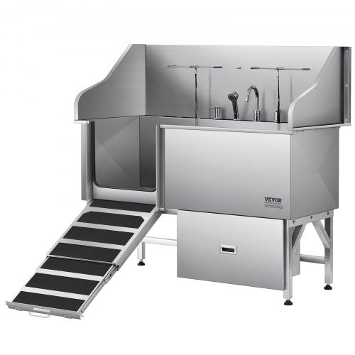 VEVOR 304 Stainless Steel Dog Washing Station, 61 Inch Pet Grooming Tub with Non-Slip Low-Slope Ramp, Storage Drawer, Hot & Cold Faucet, All-in-One Ba