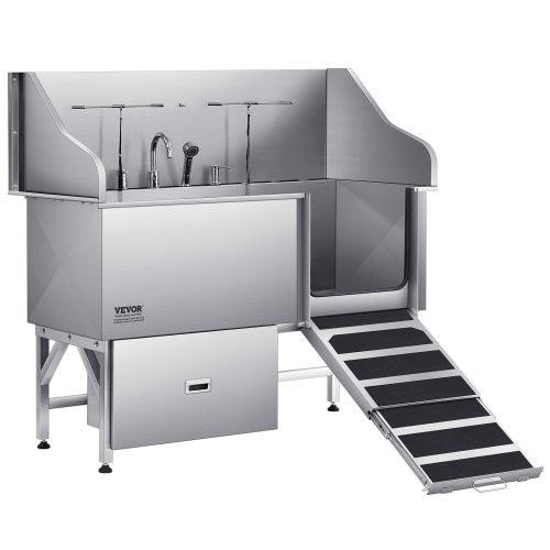 VEVOR Stainless Steel Dog Washing Station, 61 inch Pet Grooming Tub w- Ramp, Water Filter Board, Faucet & Showerhead & Leash Dog Bathtub for Large & M