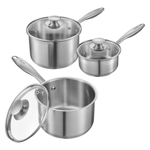 VEVOR Stainless Steel Saucepan Set, 1 QT & 2 QT & 3 QT Saucepans with Glass Lids, Multipurpose Nonstick Stainless Steel Sauce Pot with Ergonomic Handl