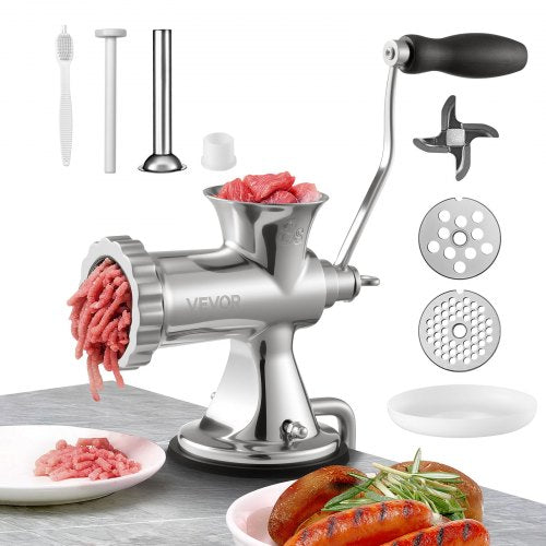 VEVOR Manual Meat Grinder, 304 Stainless Steel Hand Meat Grinder with Suction Cup + Steel Table Clamp, Meat Mincer Sausage Maker & 2 Cutting Plates, S