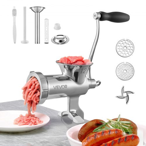 VEVOR Manual Meat Grinder, 304 Stainless Steel Hand Meat Grinder with Steel Table Clamp, Meat Mincer Sausage Maker & 2 Cutting Plates, Cookie Attachme