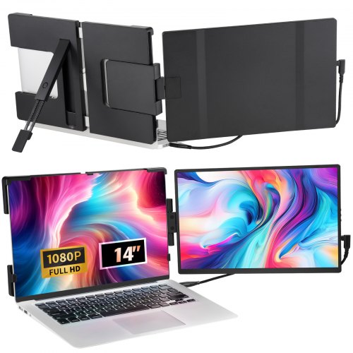 VEVOR Portable Laptop Screen Extender, 14" FHD 1080P IPS Dual Extended Monitor for 13"-17" Laptop, Swivel Portable Monitor USB-C-USB-A-Mini HDMI Port,