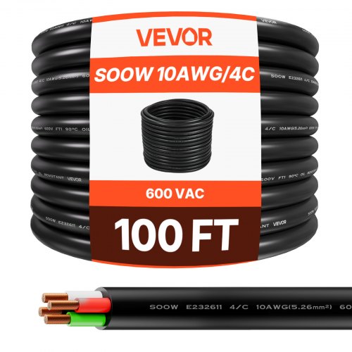 VEVOR 30.48 m 10AWG Portable Power Cable (4 Conductor), Heavy Duty 600V SOOW Electrical Cable, Industrial Grade Electric Wire, Premium CPE Rubber Jack