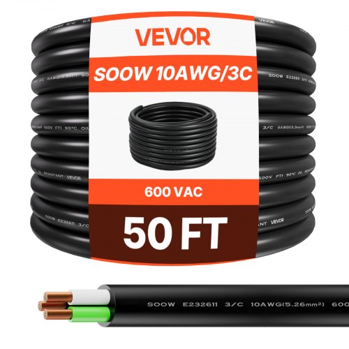 VEVOR 15.24 m 10AWG Portable Power Cable (3 Conductor), Heavy Duty 600V SOOW Electrical Copper Extension Cable, Industrial Grade Electric Wire, Premiu