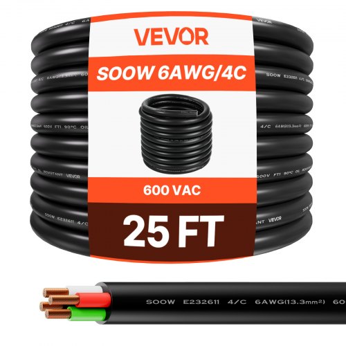 VEVOR 25 FT 6AWG Portable Power Cable (4 Conductor), Heavy Duty 600V SOOW Electrical Power Cable, Industrial Grade Electric Wire, Premium CPE Rubber J