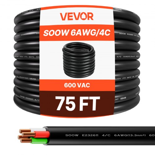 VEVOR 22.86 m 6AWG Portable Power Cable (4 Conductor), Heavy Duty 600V SOOW Electrical Power Cable, Industrial Electric Wire, Premium CPE Rubber Jacke