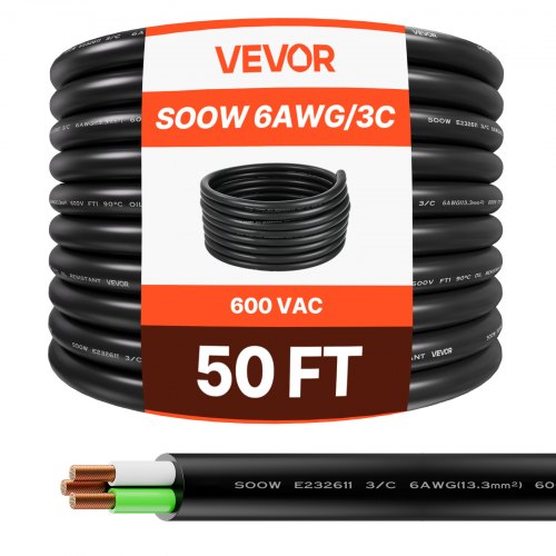 VEVOR 15.24 m 6AWG Portable Power Cable (3 Conductor), Heavy Duty 600V SOOW Electrical Power Cable, Industrial Electric Wire, Premium CPE Rubber Jacke