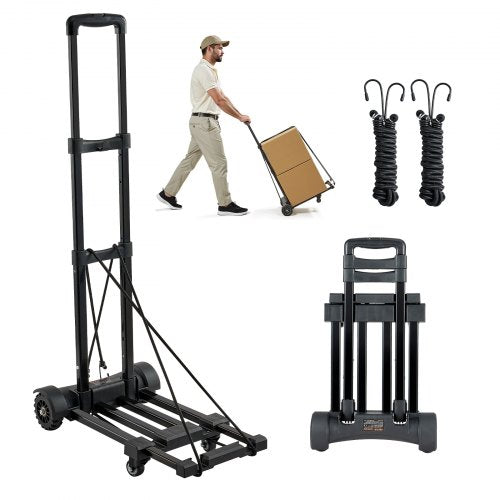 VEVOR Folding Hand Truck, 131.5 kg Load Capacity, Collapsible Luggage Cart with 4 Wheels, 2 Elastic Ropes & Expandable Base, Utility Dolly Platform Ca