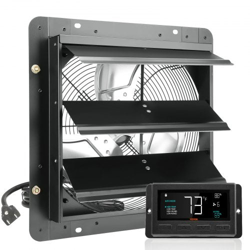 VEVOR Shutter Exhaust Fan, 14'' with Temperature Humidity Controller,  EC-motor, 1513 CFM, 10-Speed Adjustable Wall Mount Attic Fan, Ventilation and C
