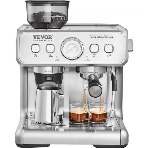 VEVOR Espresso Machine with Grinder, 15 Bar Semi Automatic Espresso Coffee Maker with Milk Frother Steam Wand, Removable Water Tank & Pressure Gauge f