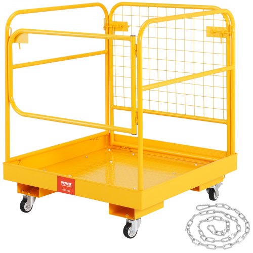 VEVOR Forklift Safety Cage, 544 kg Load Capacity, 92 x 92 cm Folding Forklift Work Platform with Lockable Swivel Wheels, Drain Hole, and Device Chain,