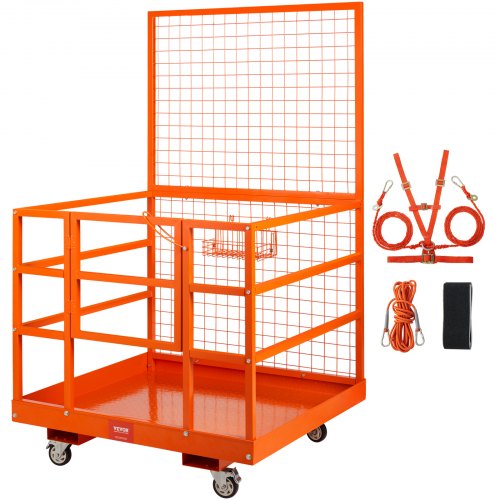 VEVOR Forklift Safety Cage, 1400lbs Load Capacity, 43'' x 45'' Forklift Work Platform with Safety Harness & Lock, Drain Hole & Wheels & Tool Basket, D
