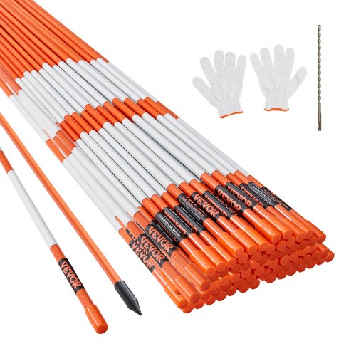 VEVOR Driveway Markers, 100PCS 48 inch, 0.31 inch Diameter, Orange Fiberglass Poles Snow Stakes with Reflective Tape, 12" Steel Drill Bit & Protection
