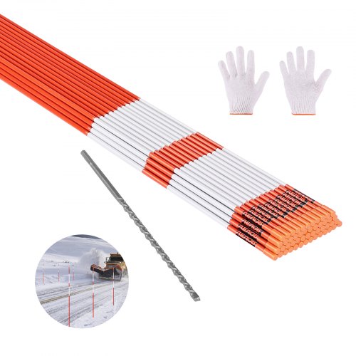 VEVOR Driveway Markers, 100Pcs 183cm Long 7.87mm Dia, Hi-Visibility Driveway Reflectors with 12 in Steel Drill Bits, Reflective Snow Sticks Fiberglass