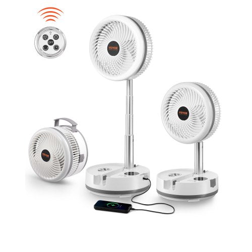 VEVOR 10 inch Portable Foldable Rechargeable Oscillating Fan, 3-in-1 Battery Operated with Remote Control, Quiet Desk-Table Pedestal Fan, 9 Speeds,90-