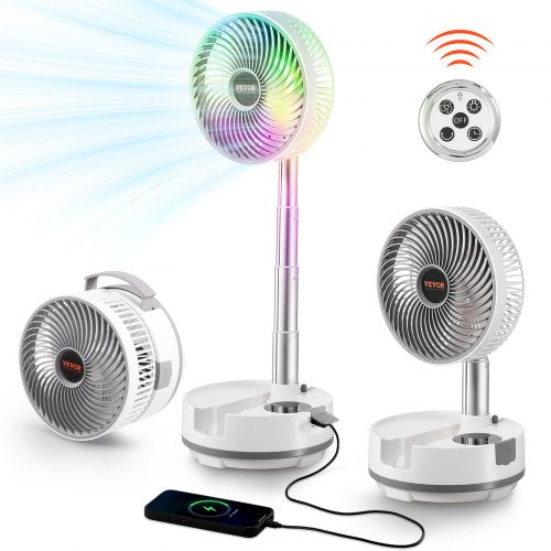VEVOR 8 inch Portable Foldable Rechargeable Oscillating Fan, 3-in-1 Battery Operated with Remote Control, Quiet Desk-Table Pedestal Fan, 8 Speeds,90-d