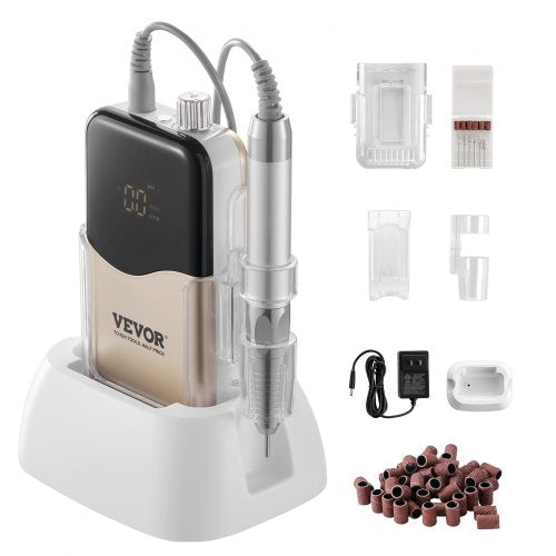 VEVOR Electric Cordless Nail Drill - with 35000RRM Brushless Motor and Charging Base, Rechargeable Nail E File Machine with 6 Bit & 50PCS Sanding Band